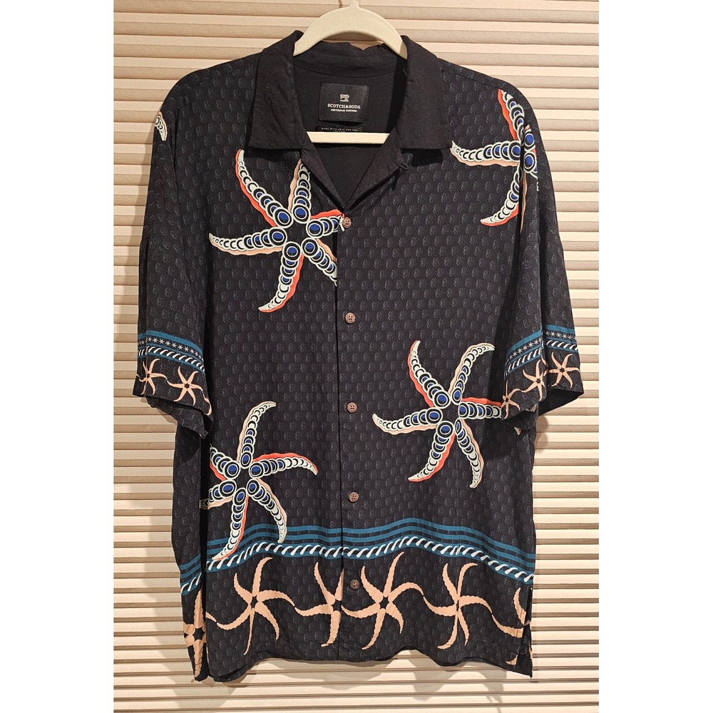 Scotch & Soda Mens Starfish Viscose Short Sleeve Button Down Camp Shirt Black L
